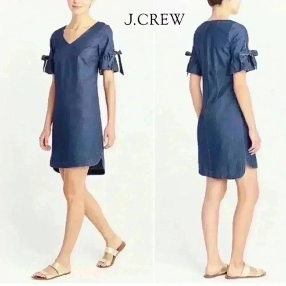 J Crew Chambray Short Ruffle Sleeve Denim Shift Mini Dress Size XS